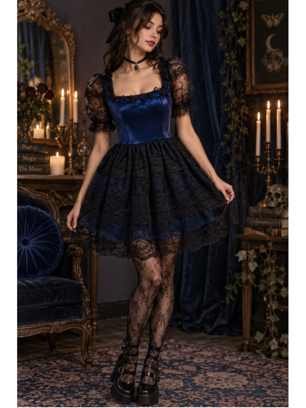 NWT dELiA*s Dolls Kill Dressed To Kiss Lace Mini Dress M Blue Black Y2K